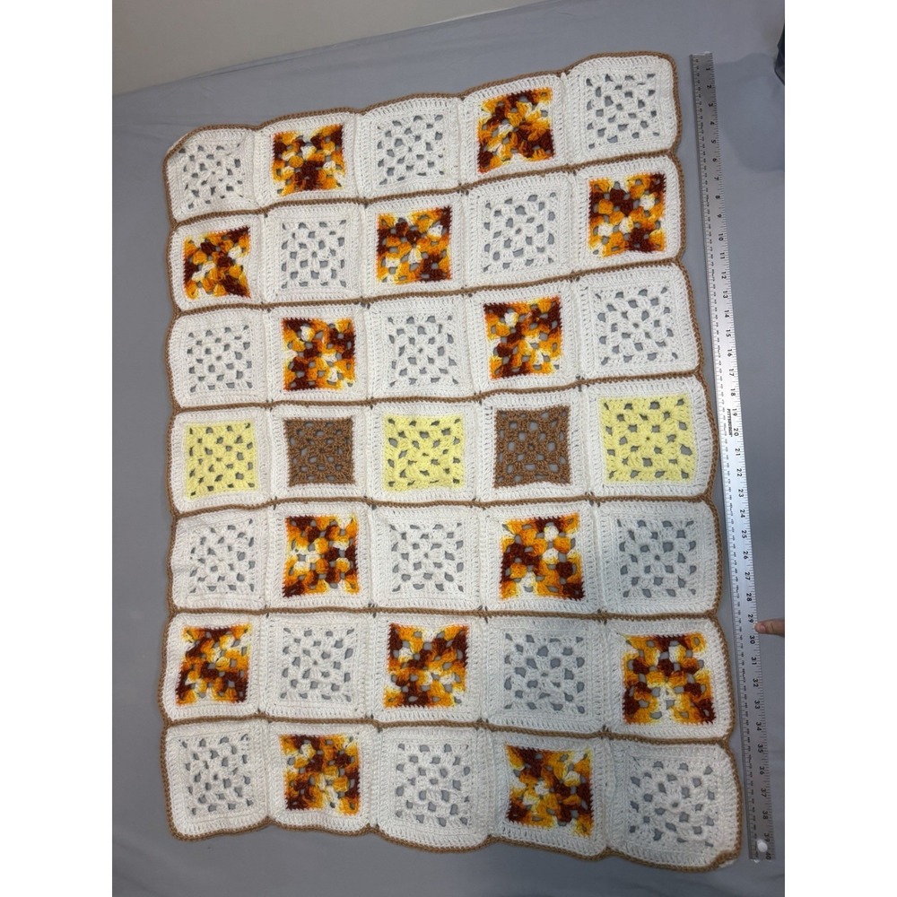 Baby-Aphgan-Blanket-Crochet-Handmade Unisex 40in X 29.5in White Brown Orange - Picture 4 of 4